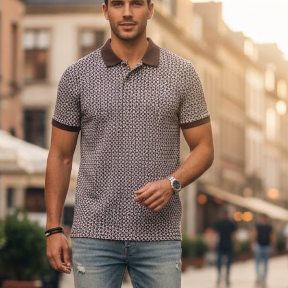 H&M Jacquard Polo Shirt brown and white